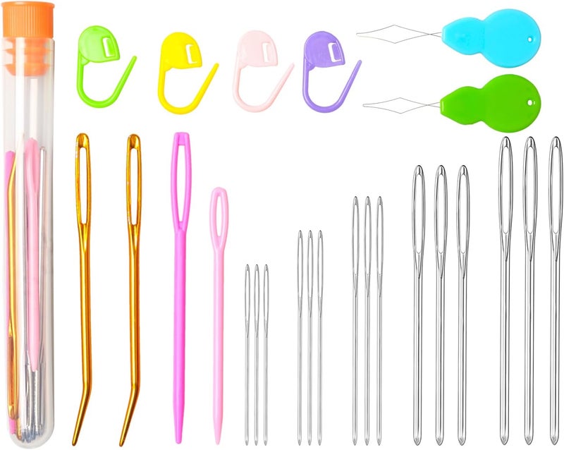 HEKISN 25Pcs Large Eye Blunt Yarn Needles kit, Assorted Sizes Bent Tapestry Darning Needle, Sewing Needles with Needle Threaders & Stitch Markers for Knitting Crochet (Orange) - Image 1